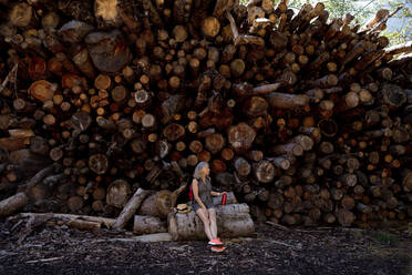 Senior woman sitting on log in front of stack of wood - FLLF00780