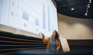 Geschäftsfrau, die auf eine Projektionsfläche zeigt und eine Präsentation hält. Weibliche Führungskraft, die eine informative Präsentation während einer Firmenveranstaltung hält. - JLPSF05266