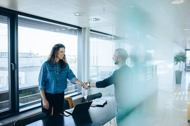 Employer shaking hand with man after successful job interview. Businesswoman congratulating and shaking hands with job applicant in office boardroom. - JLPSF05309