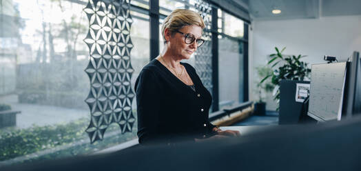 Senior businesswoman working on computer in office. Female executive working at standing desk in modern office. - JLPSF05407