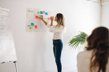 Young businesswoman doing a presentation with sticky notes in a boardroom. Female entrepreneur sharing her ideas with her team. Creative businesswomen working together in an all-female startup. - JLPSF07213