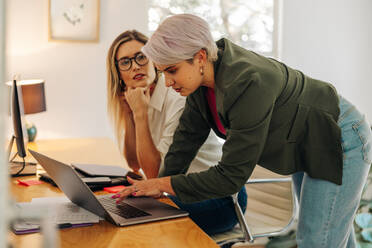 Female entrepreneur having a discussion with her colleague in a modern office. Young businesswoman using a laptop while working with her colleague in a woman-owned company. - JLPSF07596