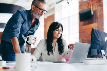 Kreative Geschäftsleute, die gemeinsam an einem Laptop arbeiten. Zwei erfolgreiche Geschäftsleute, die in einem modernen Büro an einem neuen Projekt arbeiten. Zwei Kollegen, die als Team zusammenarbeiten. - JLPSF08017