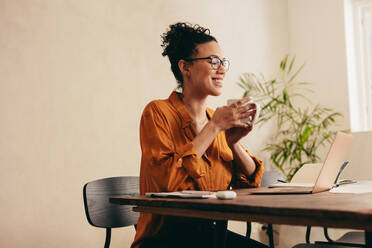 Woman having coffee and looking at laptop. Female taking a coffee break while working from home. - JLPSF08365