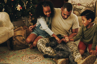 Glückliche Militärfamilie, die zu Weihnachten mit ihrer Katze spielt. Militärvater, der seine Kinder zu Hause wiedersieht. Soldat, der nach einem Militäreinsatz viel Zeit mit seiner Familie verbringt. - JLPSF09079