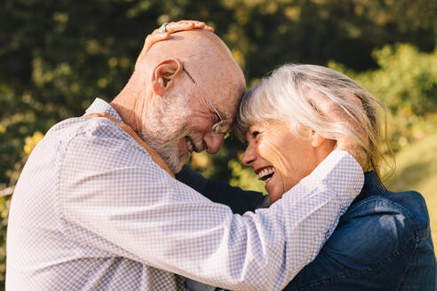 Zärtliches älteres Paar, das sich im Freien stehend die Köpfe berührt. Glückliches älteres Paar, das einen romantischen Moment in einem Park teilt. Fröhliches älteres Paar, das seine Liebe ausdrückt. - JLPSF09156