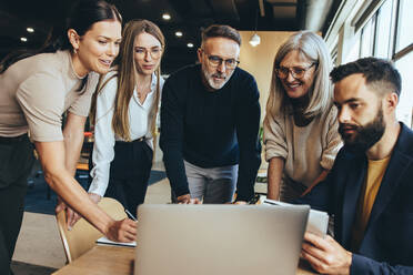 Ein Team aus verschiedenen Geschäftsleuten arbeitet mit einem Laptop in einem Büro zusammen. Eine Gruppe glücklicher Geschäftsleute arbeitet an einem neuen Projekt in einem modernen Arbeitsraum. - JLPSF09280