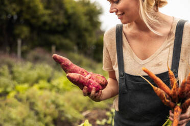 Fröhliche Gemüsebäuerin mit frisch geernteten Süßkartoffeln und Karotten auf ihrem Hof. Selbständige junge Frau, die nach der Ernte von frischem Gemüse aus ihrem Bio-Garten glücklich lächelt. - JLPSF10085