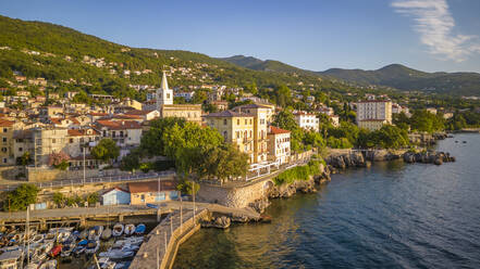 Aerial view of St. George's Church and Lovran at daybreak, Lovran, Kvarner Bay, Eastern Istria, Croatia, Europe - RHPLF23236