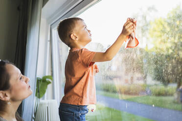Sohn hilft Mutter beim Fensterputzen zu Hause - DMMF00188