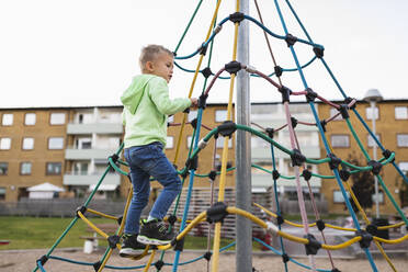 Boy climbing rope in park - DMMF00201