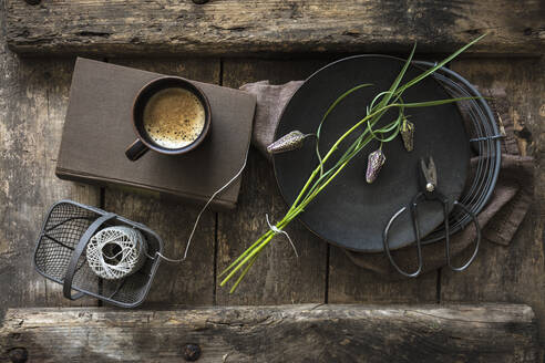 Frisch geschnittene Schlangenkopf-Fritillarien (Fritillaria meleagris) und eine Tasse Kaffee auf einem rustikalen Holztisch - EVGF04131