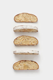 Slices of Christmas stollen cakes arranged in row against white background - YDF00040