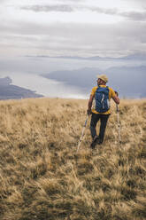 Mann mit Mütze, der mit Wanderstöcken über Gras läuft - UUF27661