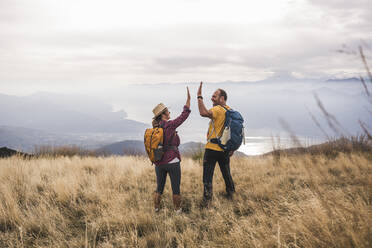 Happy mature man giving high-five to woman standing on grass - UUF27677