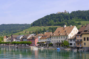 Switzerland, Schaffhausen Canton, Stein am Rhein, Historic townhouses along Rhine river - WIF04603