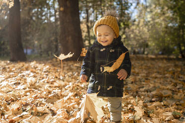 Lächelnder Junge mit Strickmütze, der im Herbst im Park spielt - ANAF00197