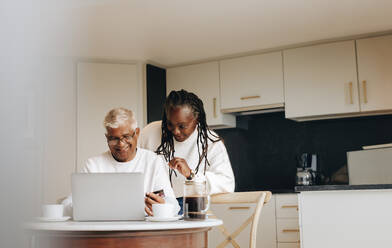 Happy mature couple shopping online with a laptop and a credit card. Cheerful senior couple placing an online order at home. Carefree pensioners spoiling themselves after retirement. - JLPSF10435