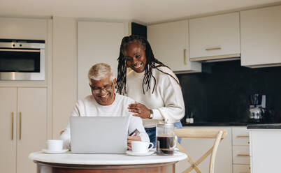 Cheerful senior couple shopping online with a laptop and a credit card. Happy mature couple placing an online order at home. Carefree pensioners spoiling themselves after retirement. - JLPSF10436