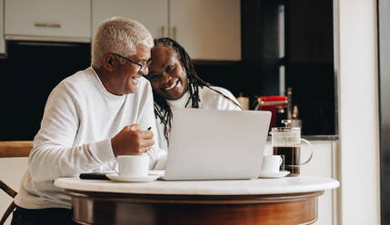 Fröhliches älteres Paar, das glücklich lächelt, während es gemeinsam einen Laptop benutzt. Älteres Paar, das sich online über seine Ruhestandsoptionen informiert. Sorgloses älteres Paar, das gemeinsam seine Finanzen plant. - JLPSF10439