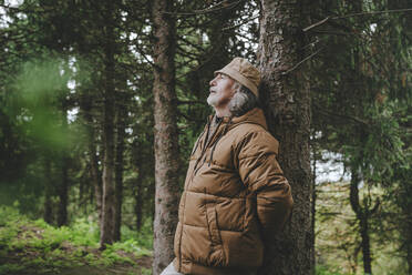 Thoughtful man standing by tree in forest - YTF00236