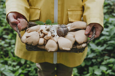 Mädchen stehend mit Korb voller Pilze im Wald - YTF00255