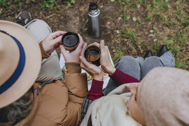Ehepaar sitzt mit einer Tasse Tee im Wald - YTF00262