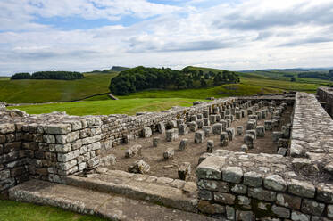 Housesteads Roman Fort, Vercovicium, AD 124, Granary showing provision for underfloor heating, Hadrians Wall, UNESCO World Heritage Site, Northumbria National Park, Northumberland, England, United Kingdom, Europe - RHPLF23310