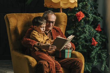 Lächelnder Großvater liest seinem Enkel zu Hause ein Buch vor - VSNF00030