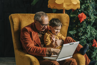 Grandfather and grandson sitting in armchair using laptop with Christmas tree in background - VSNF00035