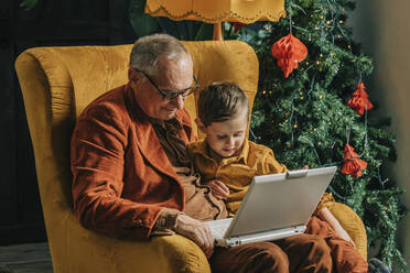 Grandfather and boy sitting in armchair using laptop by Christmas tree - VSNF00036