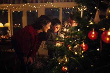 Ein Junge sieht sich die Lichter am Weihnachtsbaum an, während seine Eltern daneben stehen. Innenaufnahme eines weihnachtlich geschmückten Familienhauses. - JLPSF10951