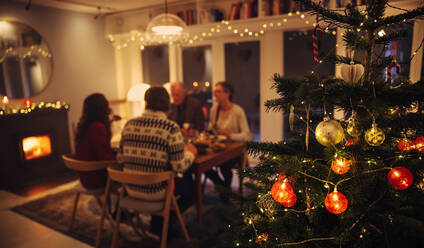 Innenaufnahme eines warmen, gemütlichen, weihnachtlich geschmückten Familienhauses. Die Familie sitzt am Esstisch und isst gemeinsam zu Weihnachten zu Abend. - JLPSF10965