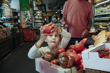 Junge, der beim Einkaufen mit seinem Großvater im Supermarkt eine frische Tomate aufhebt - MASF32026