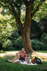 Großvater und Enkel sitzen bei einem Picknick im Park vor einem Baum - MASF32049