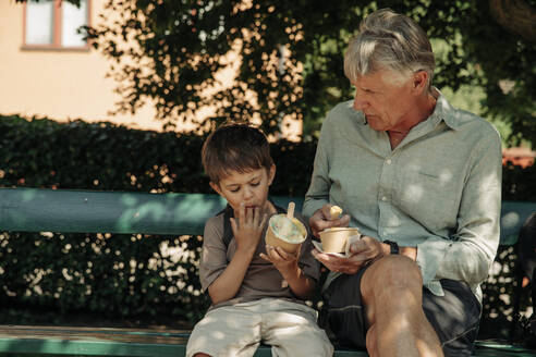 Großvater und Enkel essen Eis in Bechern, während sie auf einer Bank sitzen - MASF32070