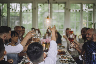 Multi-generation family toasting drinks during dinner party at home - MASF32238