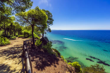 Greece, Central Macedonia, Mediterranean Sea seen from coastal hilltop in summer - THAF03101