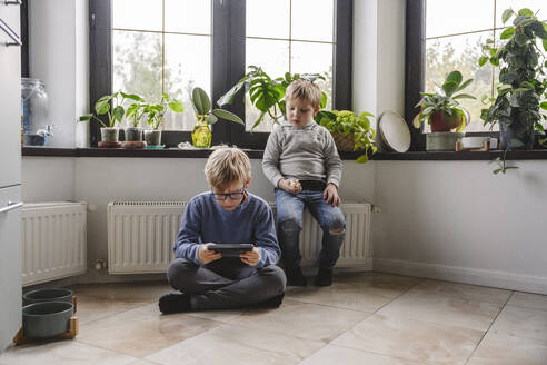 Boy sitting on radiator with brother using smart phone at home - EYAF02234