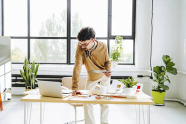 Illustrator bei der Arbeit mit Tablet-PC und Laptop am Schreibtisch im Büro - MDOF00066