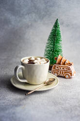 Tasse mit heißer Schokolade und Mini Marshmallows mit Gewürzen auf dem Hintergrund mit Weihnachtsdekorationen - ADSF39664