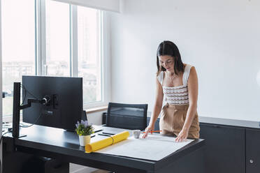 Architekt lehnt auf dem Schreibtisch und prüft einen Bauplan im Büro - PNAF04608