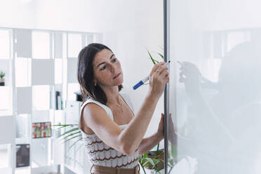 Businesswoman writing on blank whiteboard in office - PNAF04644