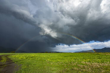 Usa, Idaho, Bellevue, Regenbogen und Gewitterwolken über grünem Feld bei Sun Valley - TETF01816