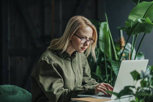 Determined businesswoman wearing eyeglasses working on laptop at home office - VSNF00048