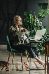 Businesswoman with dog sitting on chair watching laptop at home office - VSNF00053