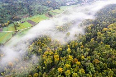 Deutschland, Baden-Württemberg, Drohnenansicht des Wieslauftals am nebligen Herbstmorgen - STSF03569