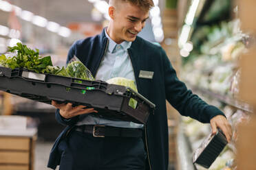 Ein Mann arbeitet in der Gemüseabteilung eines Supermarkts und füllt das Regal mit frischen Produkten auf. - JLPSF11833