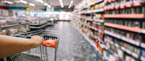 Closeup of woman with shopping cart at grocery store. Woman pushing shopping cart in supermarket. - JLPSF11876