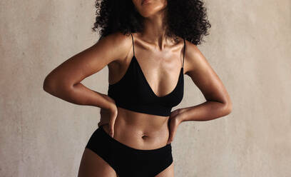 Beauty Body Positive And A Real Black Woman In Lingerie On A Gray  Background Studio With Mockup Health Wellness And Underwear With A Normal  Young Female Posing And Proud Of Her Natural